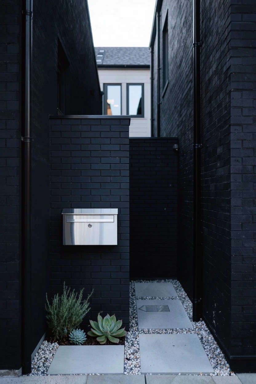 White house with barn-style doors and windows, black mailbox on wooden post surrounded by colorful flower beds of zinnias and sunflowers in a galvanized metal trough planter, wooden edging, gravel path, and field in background at sunset.