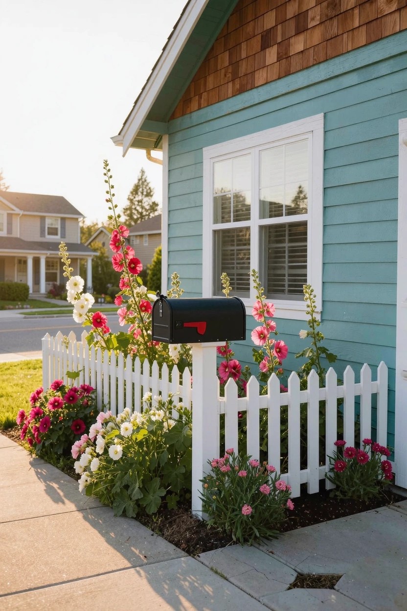 Turquoise house exterior with black mailbox on post surrounded by flower bed of tall hollyhocks, pink and white flowers, and white picket fence along sidewalk.
