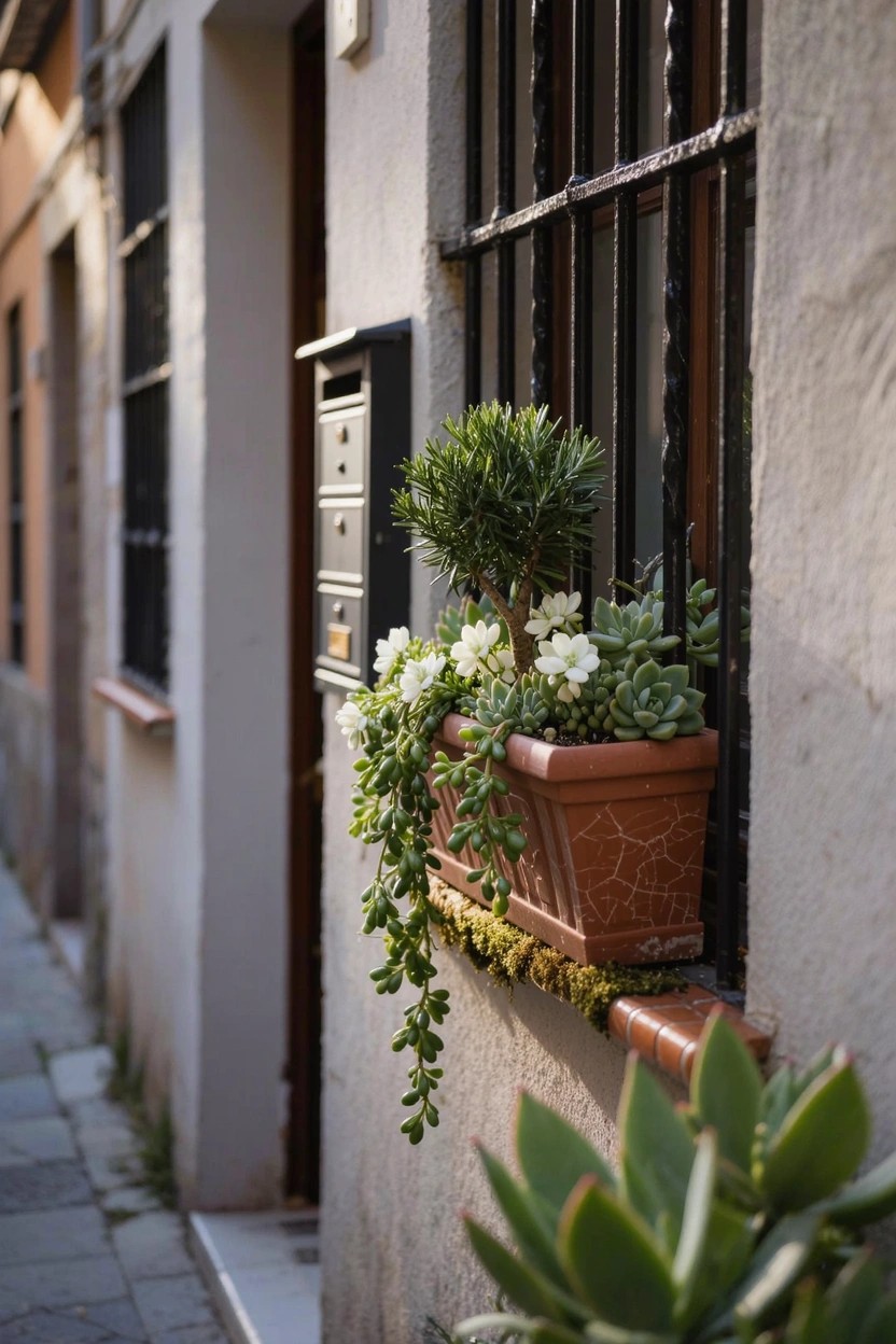 Beige stucco wall on a narrow cobblestone alley with black metal mailbox mounted beside a window featuring iron bars and a terracotta planter on the sill filled with trailing green succulents, small white flowers, and a potted topiary.