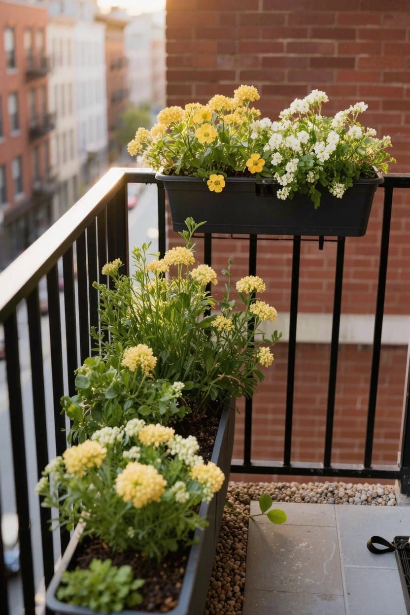 Black planters filled with yellow and white flowers hooked onto and placed along a metal balcony railing on a brick apartment building.
