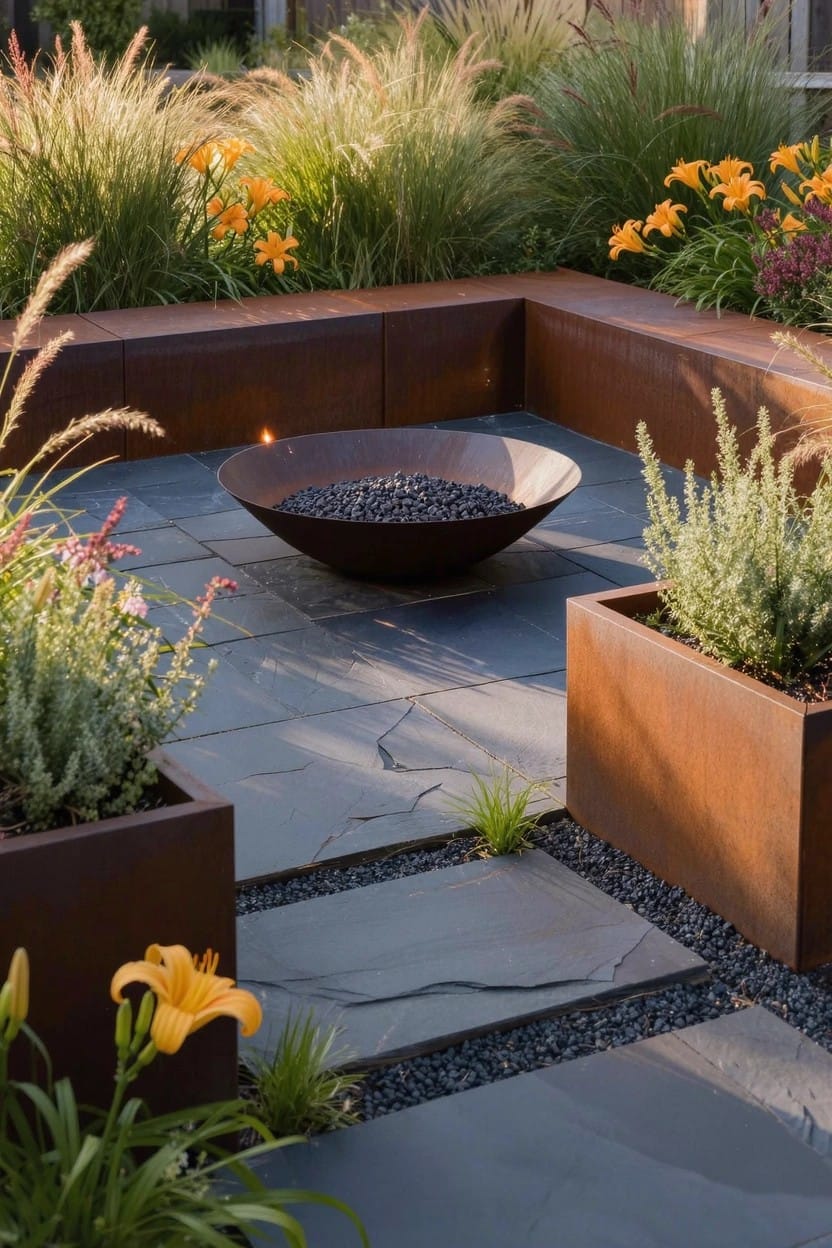 Patio area with central bowl-shaped fire pit surrounded by Corten steel planters containing ornamental grasses, yellow lilies, and other plants on slate tile and gravel flooring.