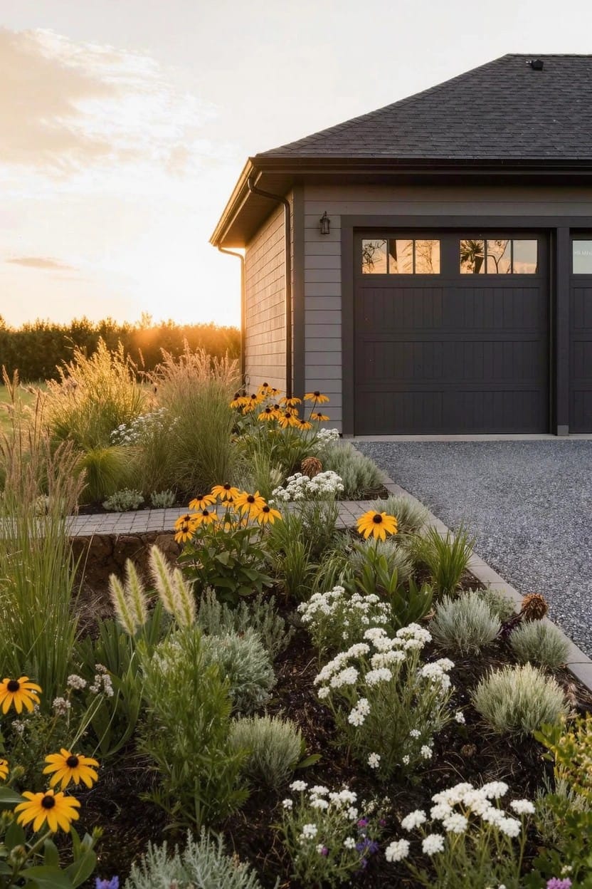 Gray house with dark garage doors and gravel driveway edged by flower bed of tall ornamental grasses, yellow black-eyed Susans, white flowers, and low shrubs at sunset.