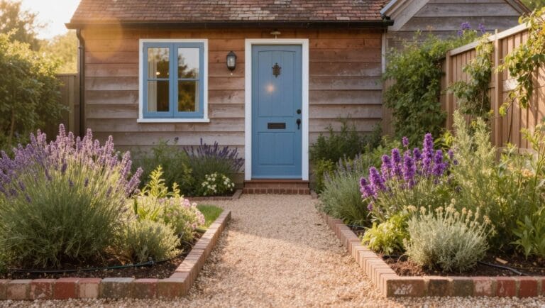 Gray shingled house with white-trimmed blue front door and brick-bordered flower bed of purple lavender plants and green shrubs along a gravel path.