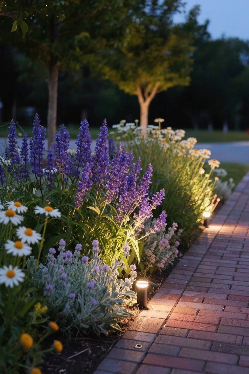 Brick walkway at dusk bordered by clusters of purple salvia, white daisies, silvery foliage plants, and illuminated by short cylindrical ground lights.