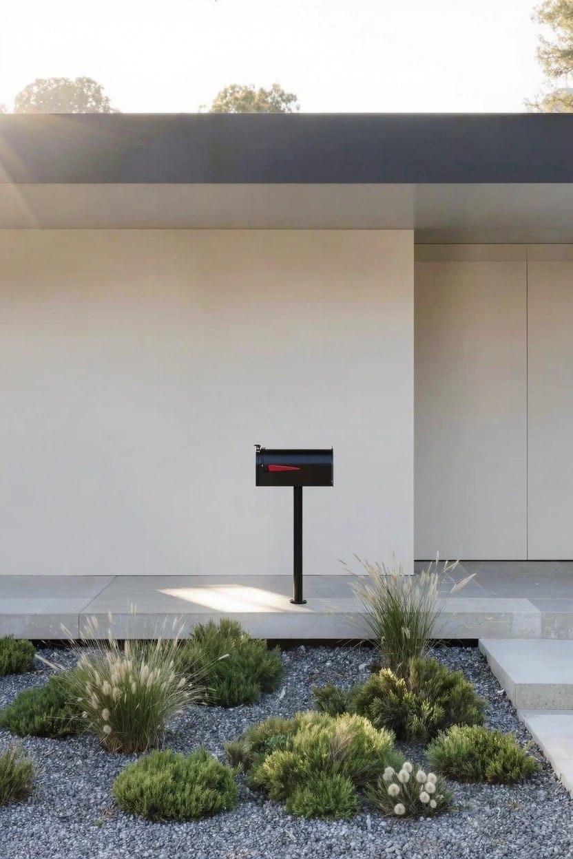 White modern house exterior with flat roof overhang, red mailbox on black stand, and gravel flower bed planted with tall ornamental grasses and low green shrubs.