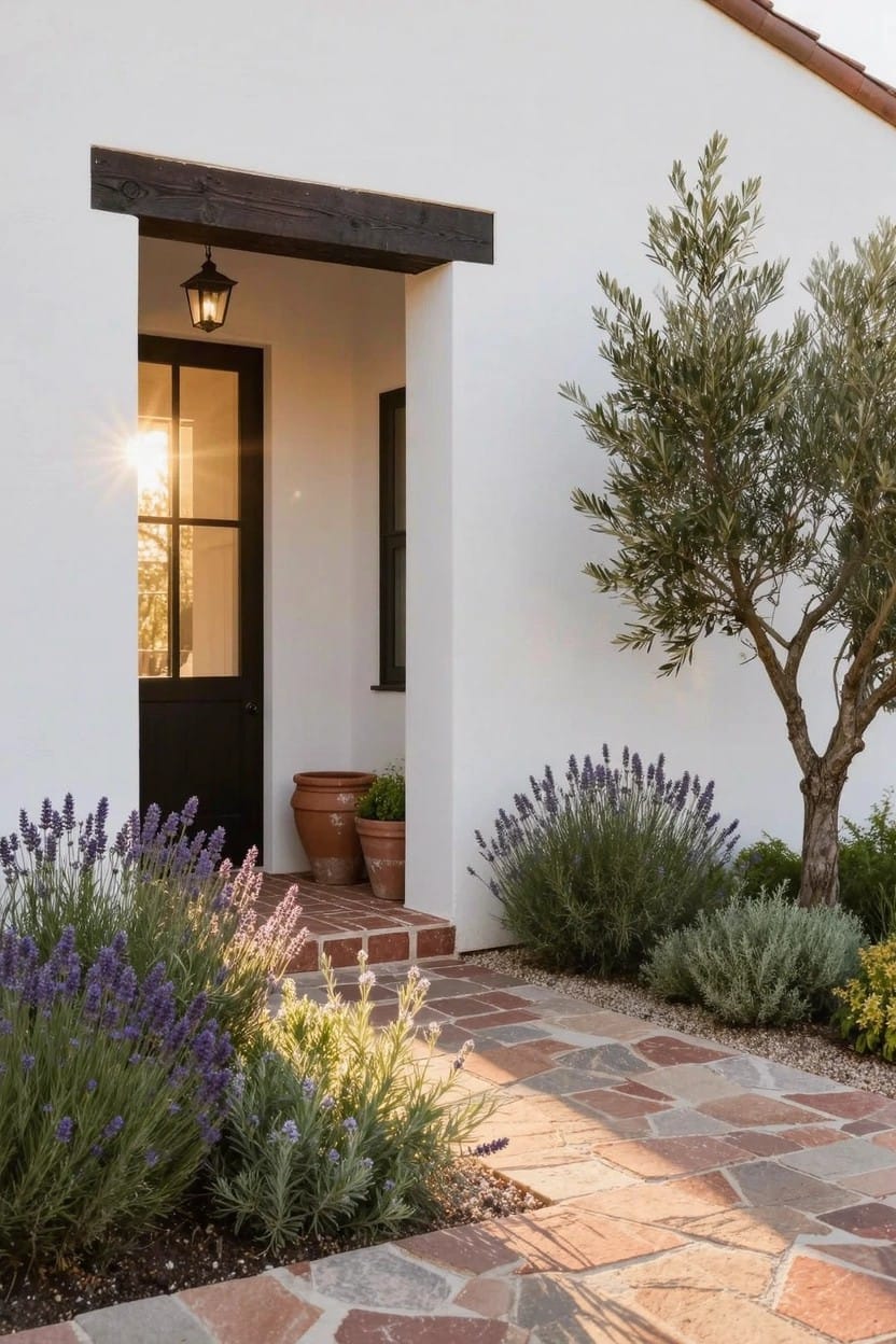 White stucco house entry with black glass door and lantern, lavender plants and terracotta pots beside brick walkway, olive tree nearby.