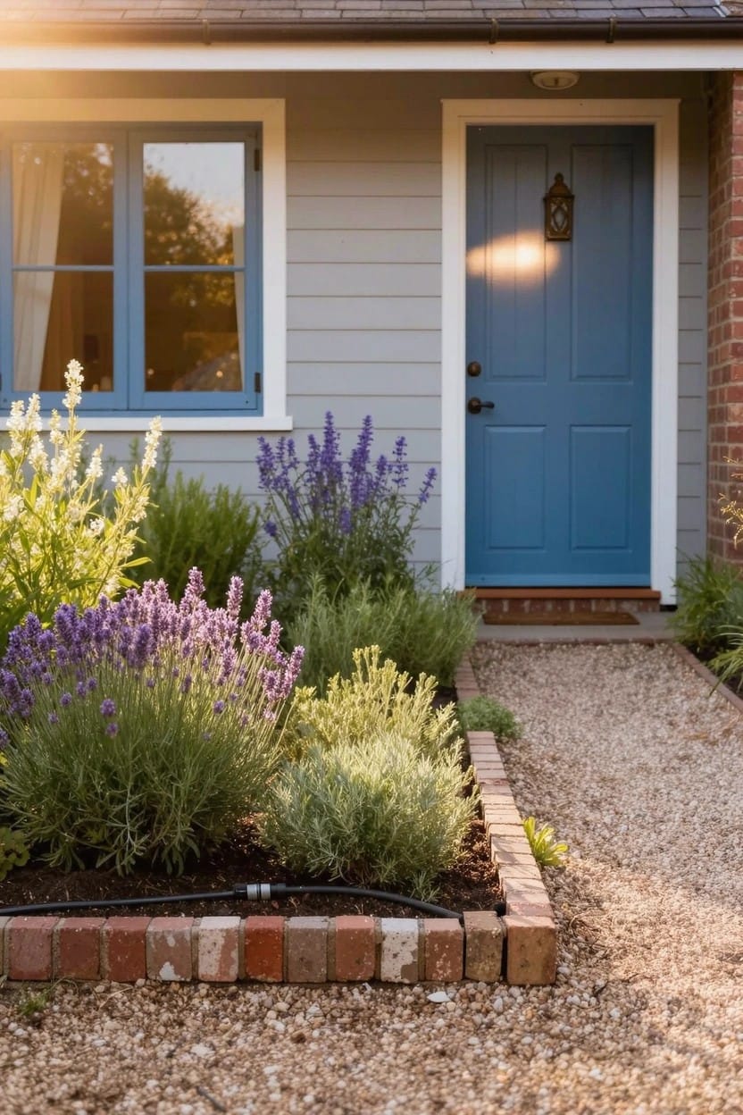 Gray shingled house with white-trimmed blue front door and brick-bordered flower bed of purple lavender plants and green shrubs along a gravel path.