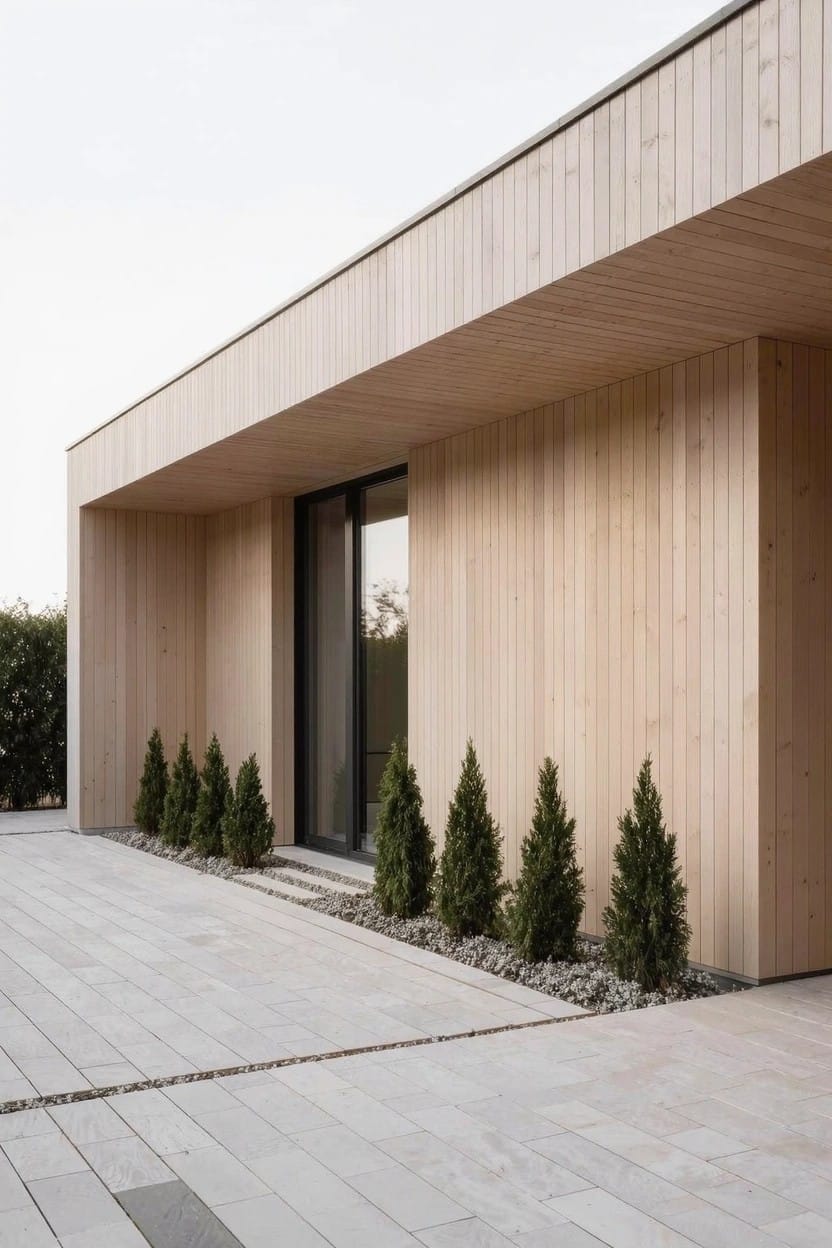 Modern house with light wood vertical cladding, large dark-framed glass entry door, concrete paver pathway, and row of small coniferous shrubs along the base and path edge with white gravel mulch.