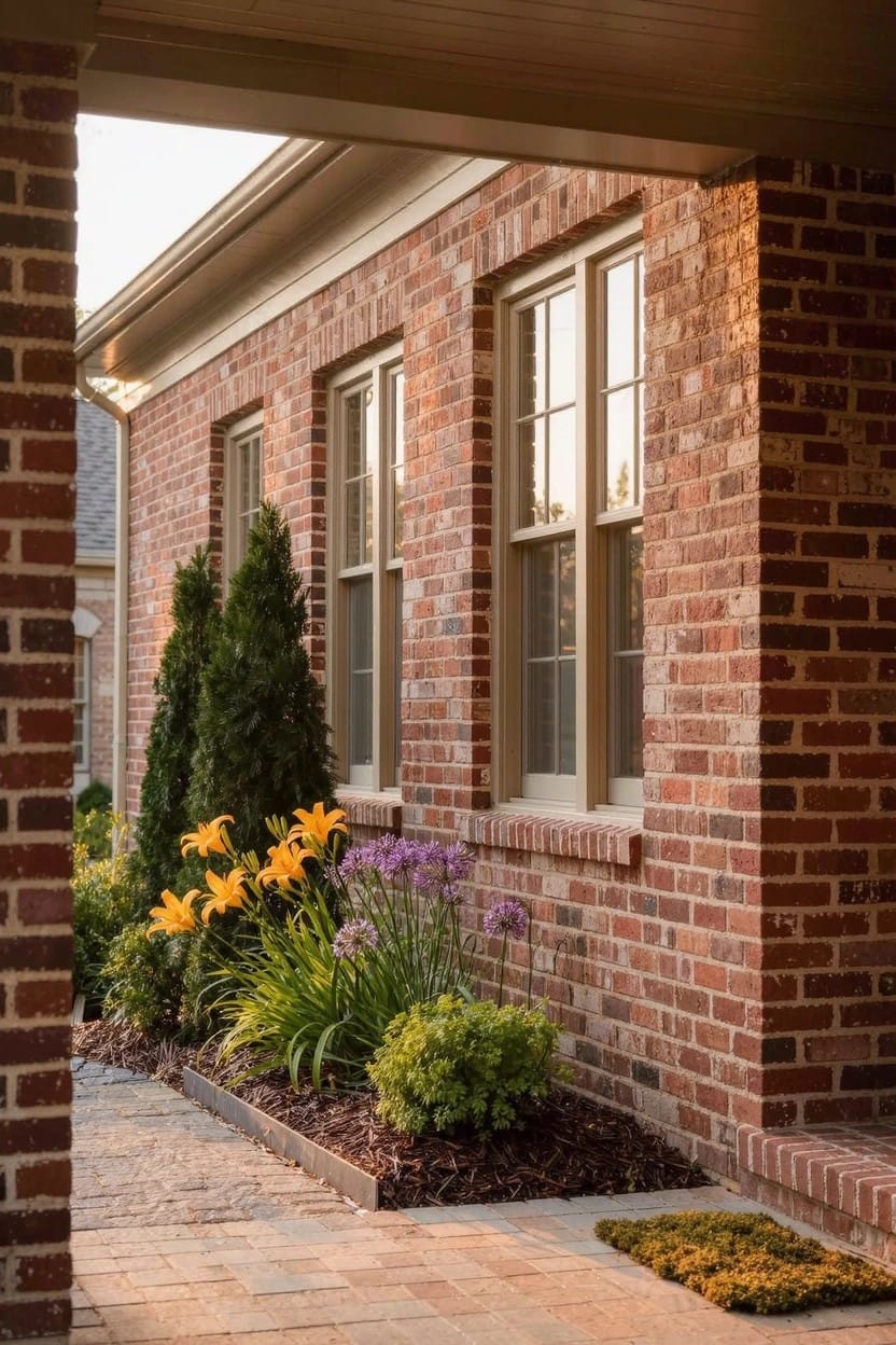 Brick house exterior viewed from a covered walkway with flower beds along the wall containing yellow daylilies, purple flower spikes, green shrubs, mulch, and a paver path leading to a green door mat.
