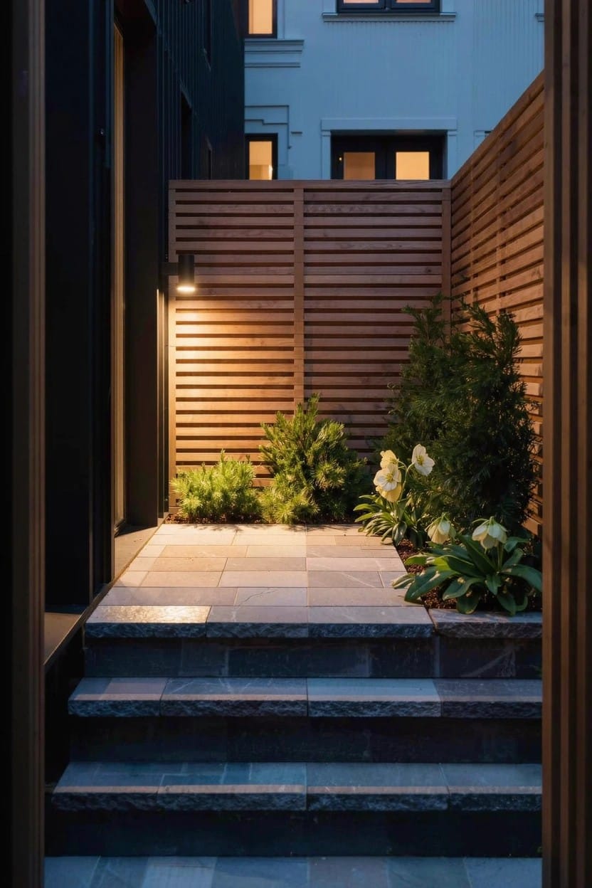 Evening photo of a small paved courtyard patio with dark slatted wooden fences enclosing low evergreen shrubs, white flowers, broad-leaf plants, and stone steps from a modern house door.