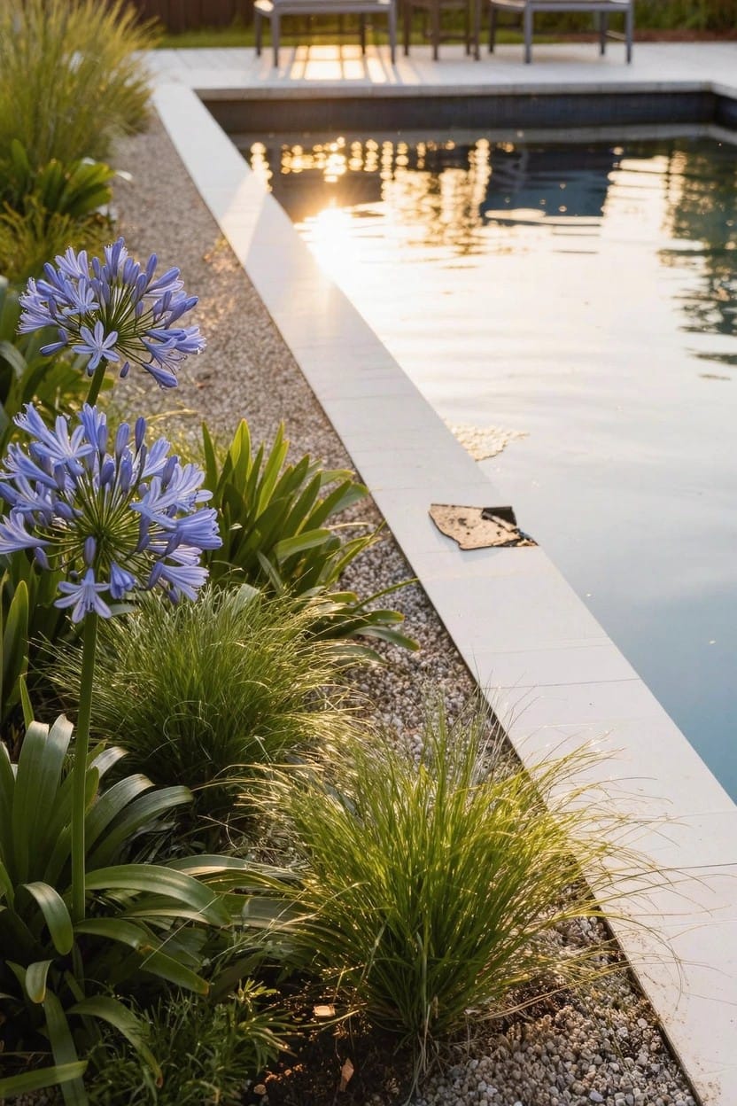 Rectangular pool with white edging and calm blue water, bordered by gravel mulch, clumps of blue agapanthus flowers, and green ornamental grasses, lounge chairs in background at sunset.