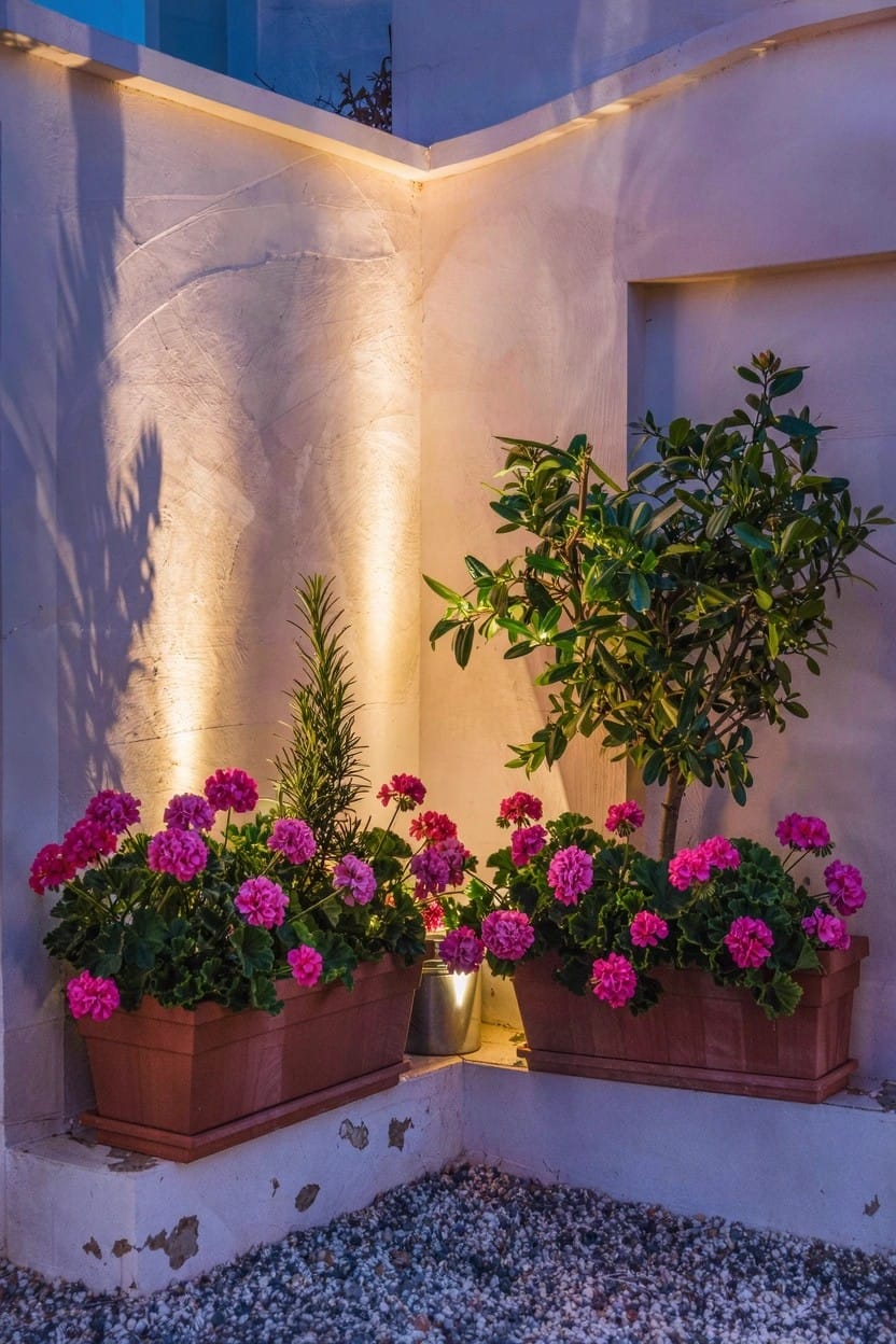 White stucco corner wall on gravel ground with terracotta pots of pink geraniums, a metal bucket plant, small trees, and uplights at dusk.