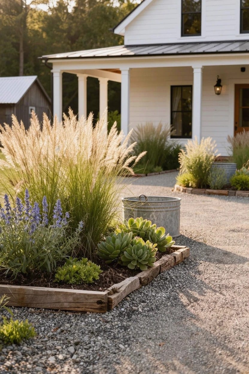 White house with porch and black windows next to a gravel driveway edged by wooden raised bed containing ornamental grasses, lavender, succulents, and a galvanized metal bucket planter.