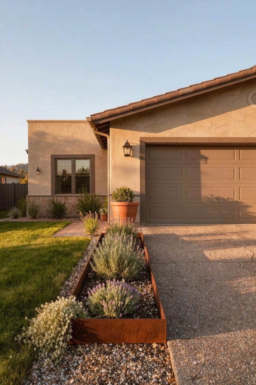 Beige stucco house exterior featuring a closed garage door, concrete driveway, raised rusted metal planter bed along the driveway planted with lavender and grasses, potted plant nearby, pathway, lawn, and wall lights.