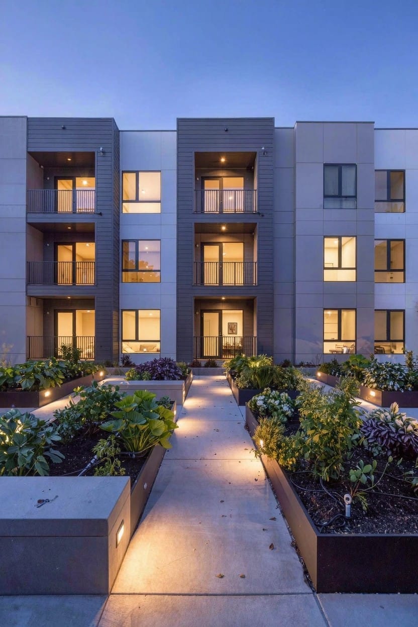 Contemporary multi-unit building exterior at dusk with a central concrete pathway lined by rectangular raised garden beds containing leafy green vegetables and ground-level lighting.