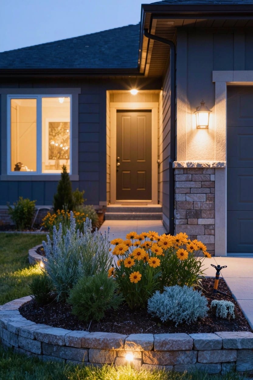 Dusk view of a modern gray-sided house with dark front door, beige stone entry accents, curved stone-edged flower bed containing orange flowers and silver-leafed plants, low pathway lights, and two-car garage.