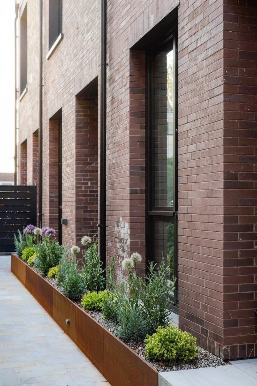 Brick house wall with a long raised corten steel planter filled with lavender, grasses, and green shrubs along a narrow paved path.