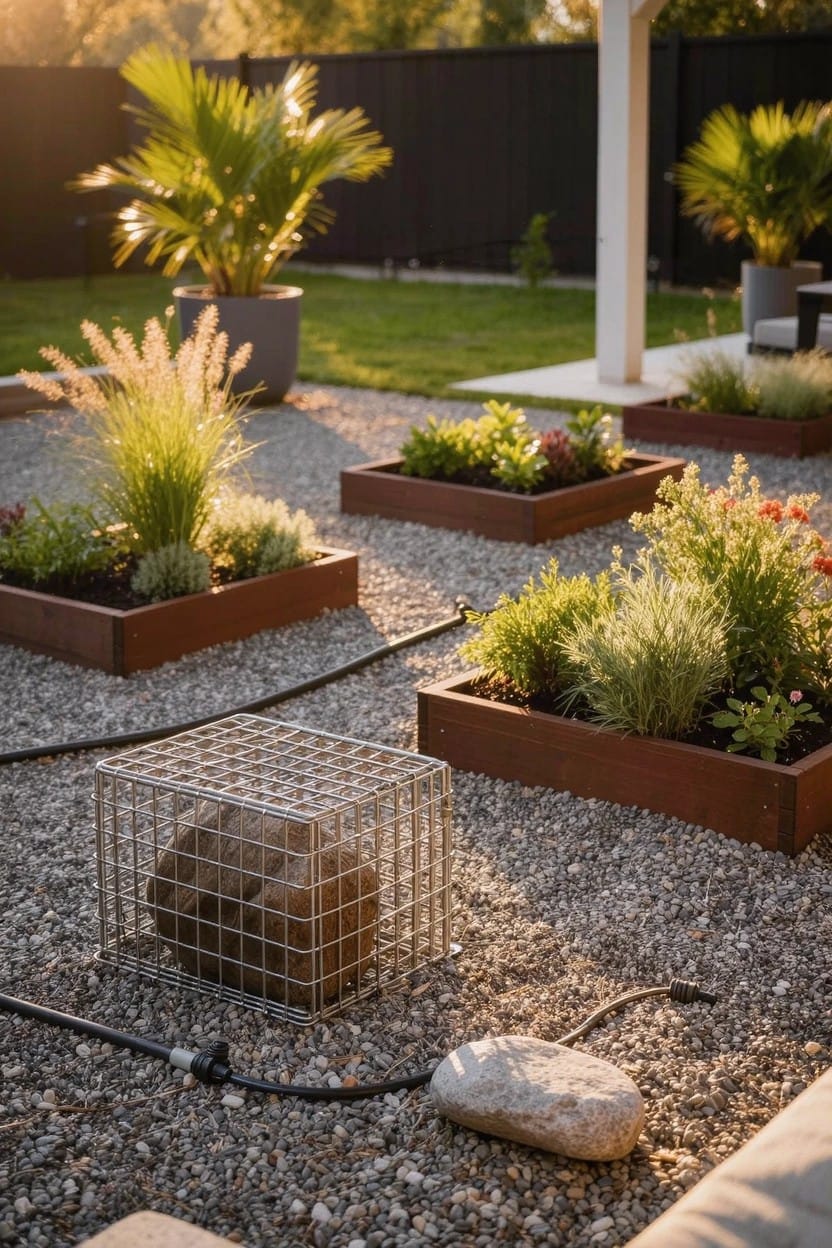 Gravel-covered backyard with multiple square wooden raised beds planted with grasses, herbs, and flowers, a wire mesh cage filled with rocks, potted palms, and irrigation hoses nearby.