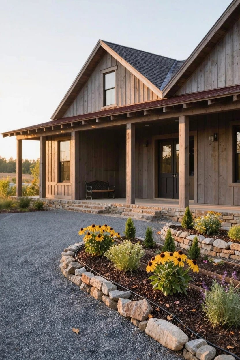 Rustic gabled house with wooden siding and porch beside a gravel driveway edged by a curved rock-bordered flower bed planted with sunflowers, shrubs, and perennials.