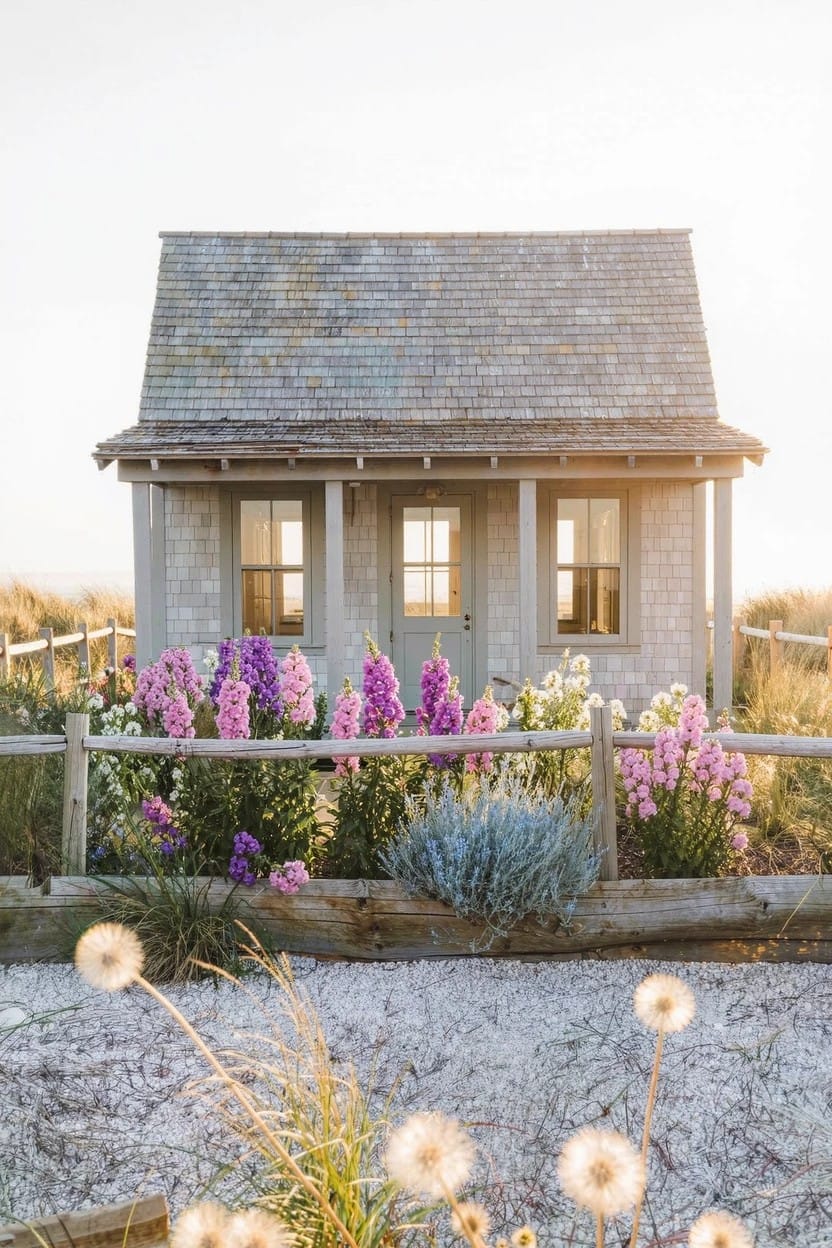 Beige stucco house exterior featuring black-framed glass doors and windows, raised brick-edged planter beds with purple lavender, green rosemary, white daisies, and a terracotta pot on gravel ground cover, lit by wall-mounted lanterns.