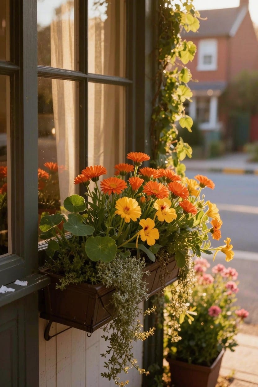 Green window frame with sheer curtains and a brown wooden window box overflowing with orange geraniums, yellow flowers, and green leaves, ivy climbing the siding, and small potted plants nearby on a brick house exterior.