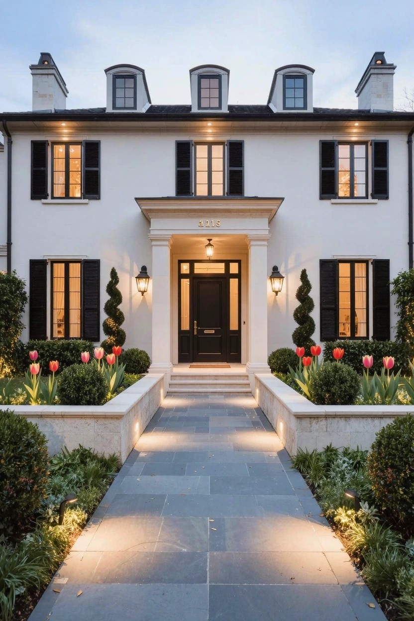 White two-story house with black shutters and a central columned entry, flanked by symmetrical stone pathway with low white walls holding boxwood shrubs and red tulips in flower beds.