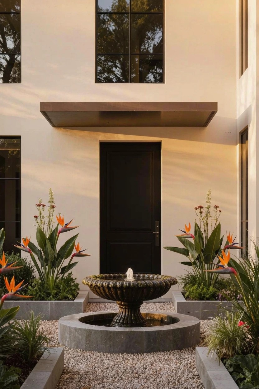 Beige stucco house facade with black front door and tall windows, gravel entry path circling a central black stone fountain surrounded by raised concrete beds planted with orange bird of paradise and low greenery.