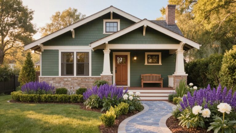 Green shingled Craftsman house with white-trimmed covered porch, tapered columns on stone bases, wooden bench on porch, flower beds of purple lavender, white blooms and boxwood beside stone steps, and green lawn.
