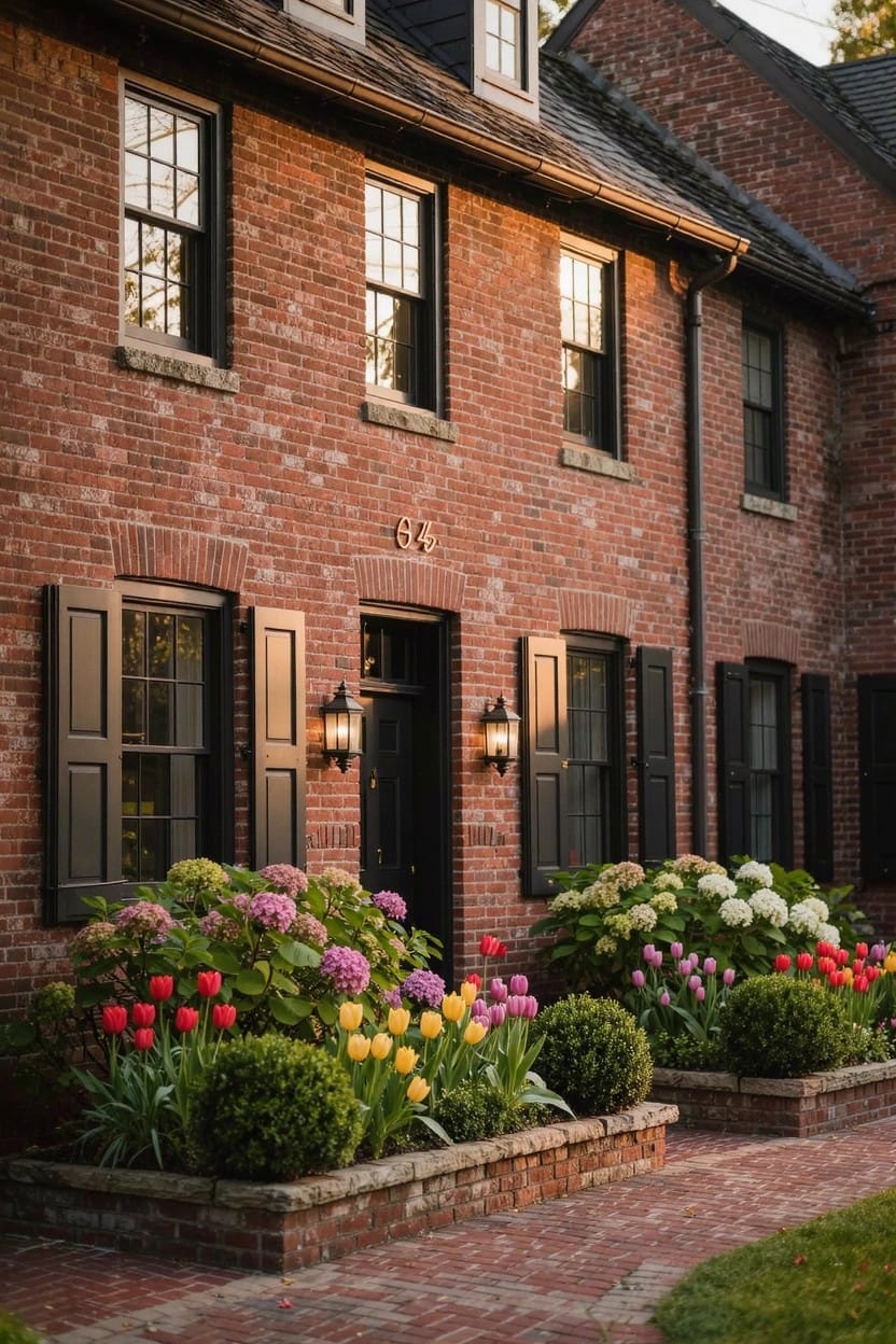 Red brick colonial house with black shutters and front door, flanked by raised brick-edged flower beds full of multicolored tulips and white hydrangeas along a brick pathway.