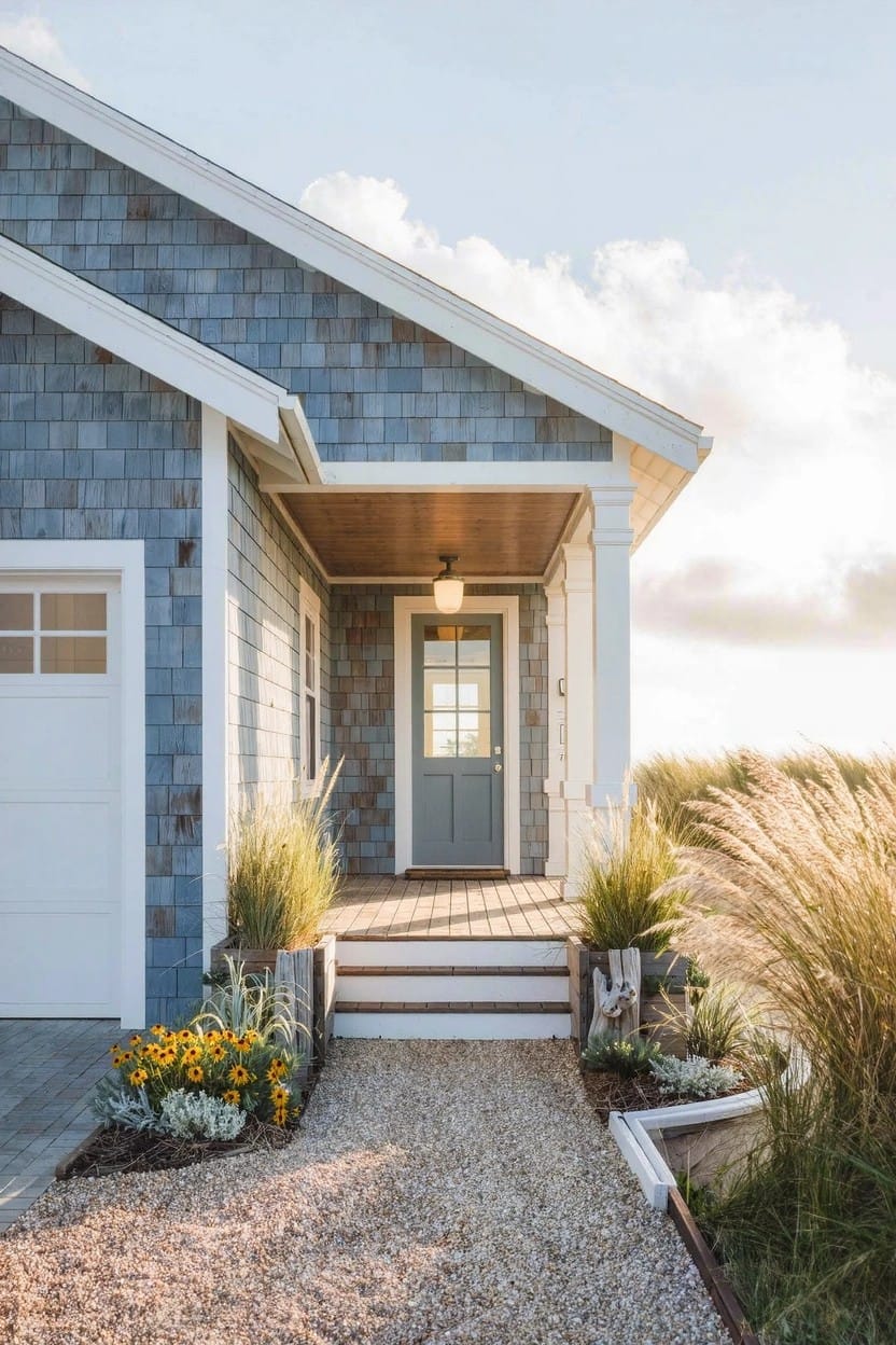 Blue shingle house with covered porch and garage, gravel path lined with yellow flowers, grasses, and planters leading to front steps amid beach grass.