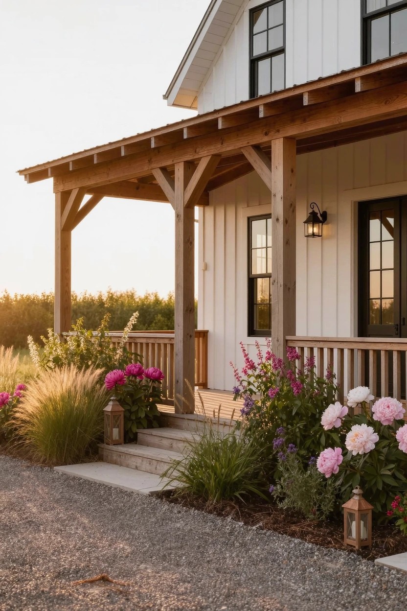 White board-and-batten house with covered porch on wooden posts, steps leading to entry flanked by flower beds of pink peonies and ornamental grasses, lanterns on porch posts, gravel driveway.