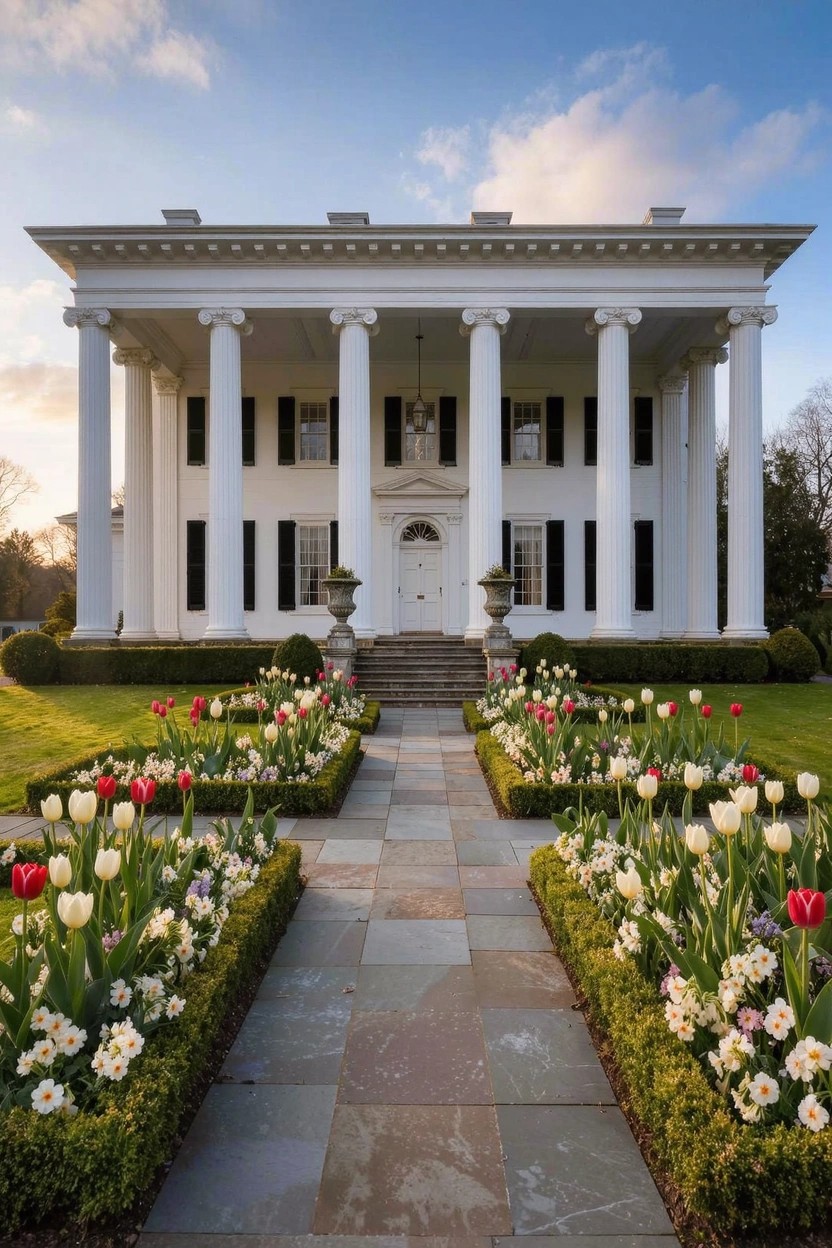 White columned house with symmetrical facade and black shutters, stone walkway lined on both sides by flower beds planted with colorful tulips and edged with low hedges.