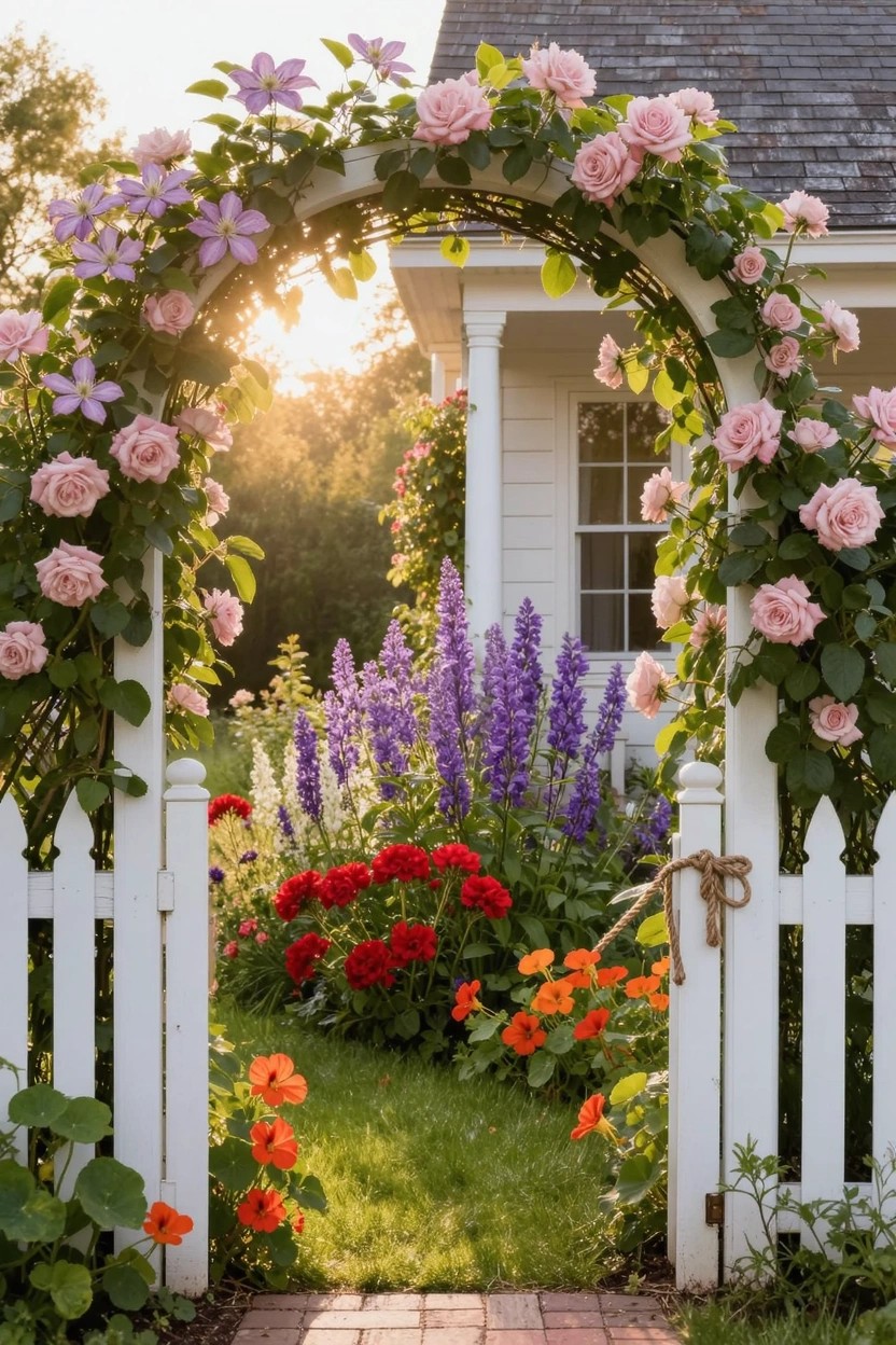 Arched wooden trellis covered in pink roses and purple clematis over a white picket fence gate, flanked by flower beds with blue delphiniums, red and orange blooms, and a brick path leading to a white house.