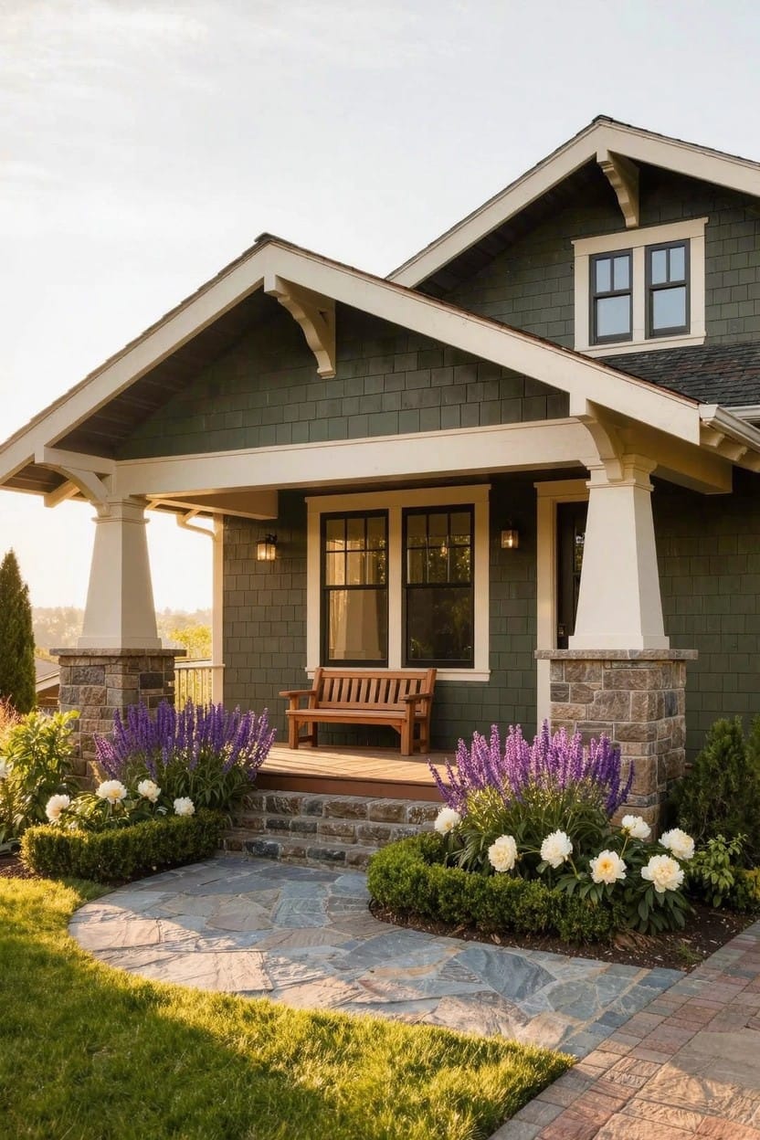 Green shingled Craftsman house with white-trimmed covered porch, tapered columns on stone bases, wooden bench on porch, flower beds of purple lavender, white blooms and boxwood beside stone steps, and green lawn.