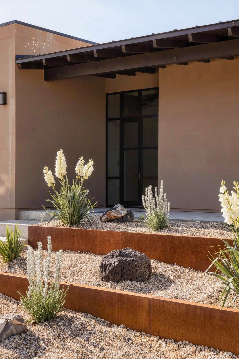 Beige stucco house exterior with dark metal roof overhang and large glass entry door, bordered by terraced raised corten steel planters containing gravel, white flowering plants, grasses, and rocks.
