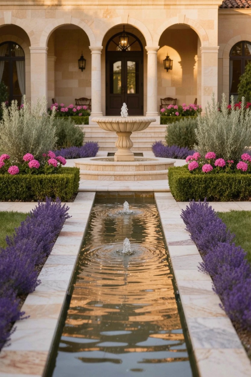 Beige stone house with arched entryway and wooden front door, front steps leading to a stone fountain, central narrow reflecting pool pathway bordered by lavender plants and pink flower beds with boxwood hedges.