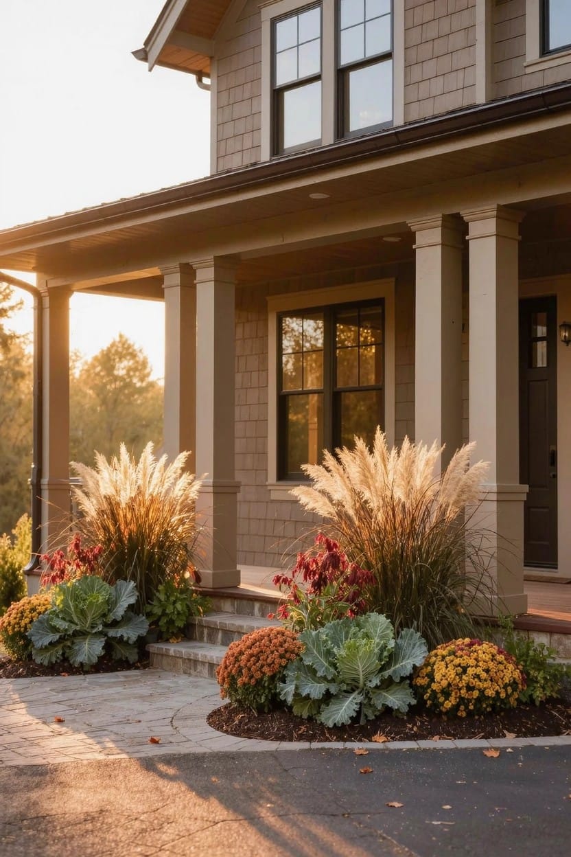Beige shingle siding house with covered porch, white columns, dark windows and door, tall pampas grasses and mixed colorful plants in curved beds beside concrete steps and driveway at sunset.