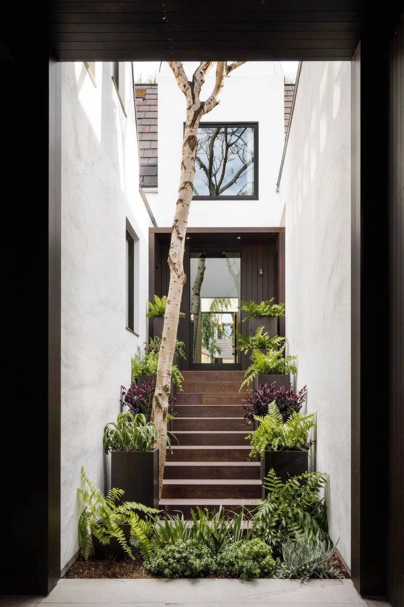 Narrow outdoor entry passageway with white walls, a central tall birch tree, potted ferns and plants lining reddish-brown stairs leading to a dark wood door flanked by greenery.