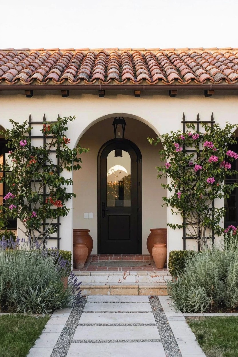 White stucco house facade with red tile roof, arched black front door flanked by wrought iron trellises covered in pink flowering vines, large terracotta pots with plants on steps, and stone pathway.