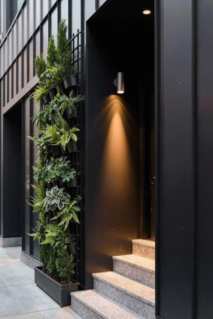 Black metal building facade with vertical green wall of ferns and succulents on frame next to lit entrance and granite steps.