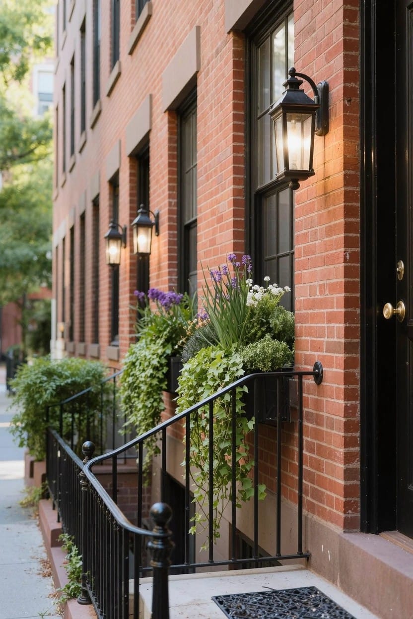 Brick rowhouse exterior with black-framed windows and door, wrought-iron railing and gate, wall lanterns, and window boxes overflowing with purple flowers, white blooms, and trailing greenery on the front steps.