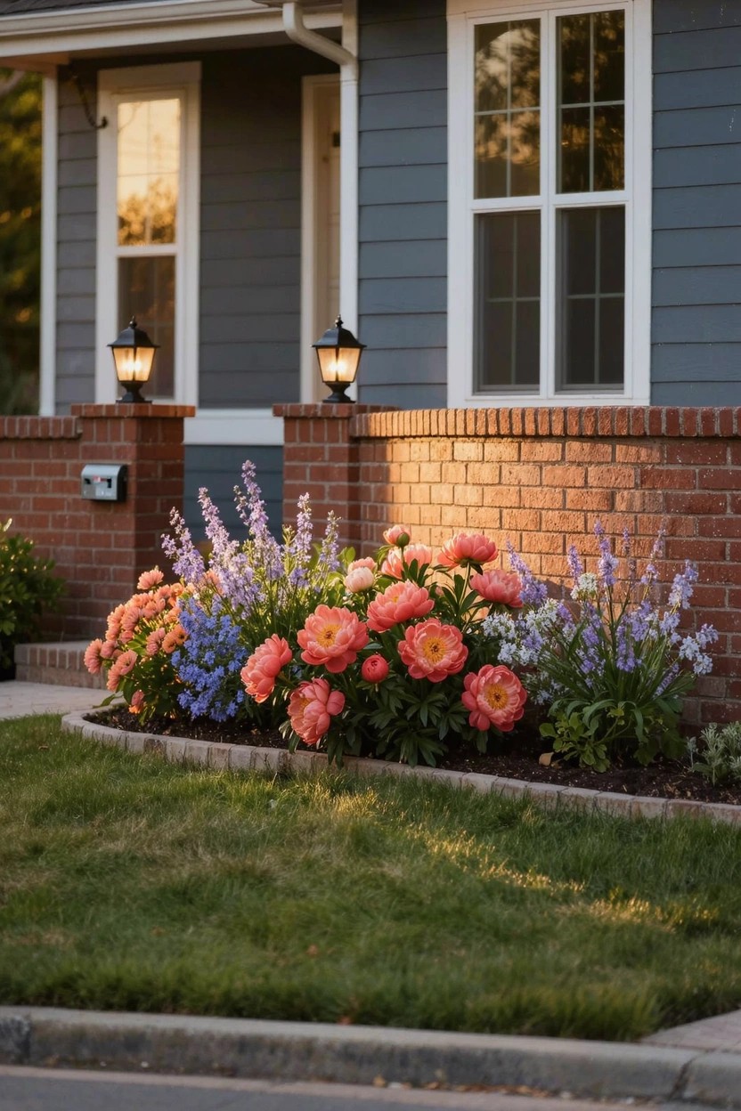 Gray siding house with white windows, brick pillars with lanterns at the entry, and a curved flower bed edged in brick filled with orange peonies, pink blooms, purple flowers, and green plants along the front sidewalk.