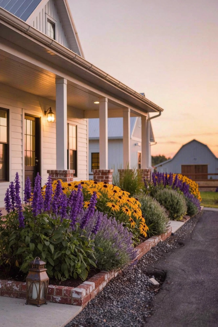 Brick-Edged Flower Beds by the Driveway