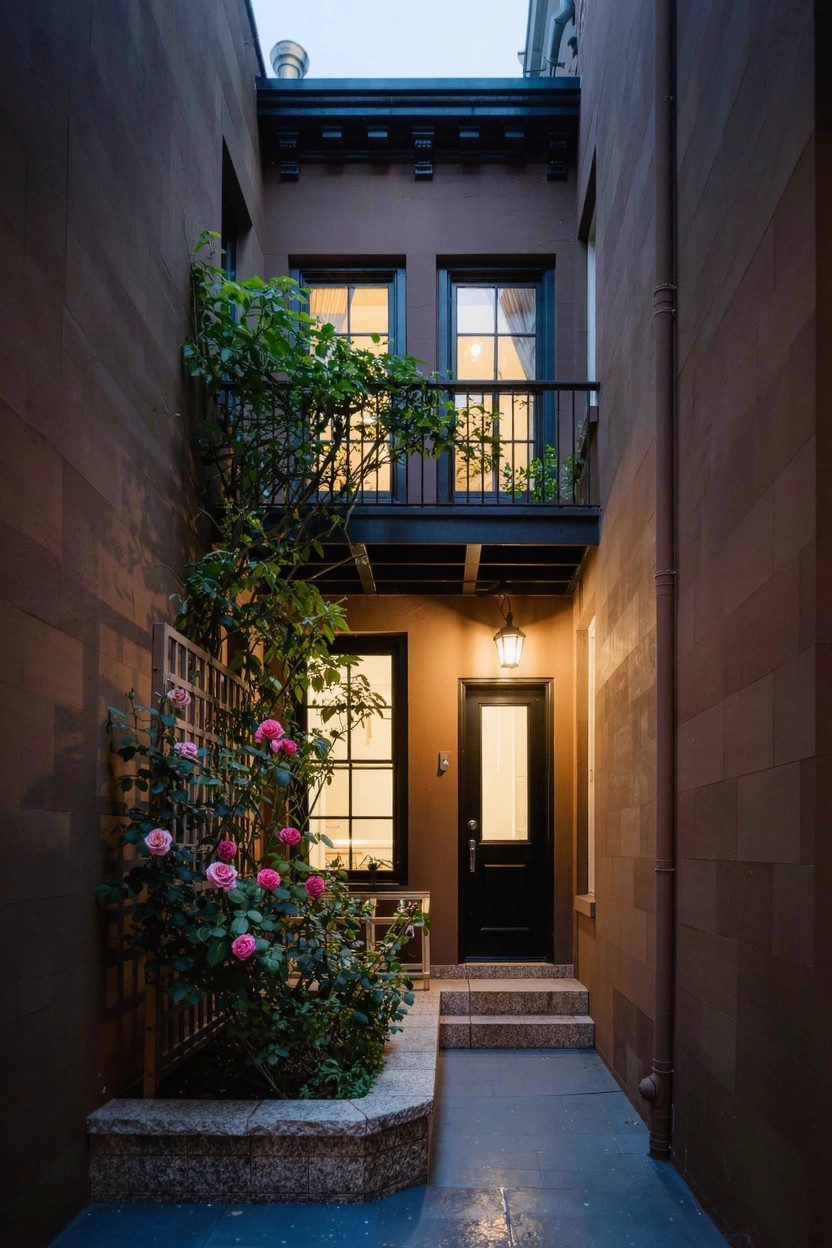 Narrow brick-walled courtyard at dusk with a two-story house entry featuring black door and steps, lit windows, upper black-railed balcony, and pink climbing roses on a wall trellis.