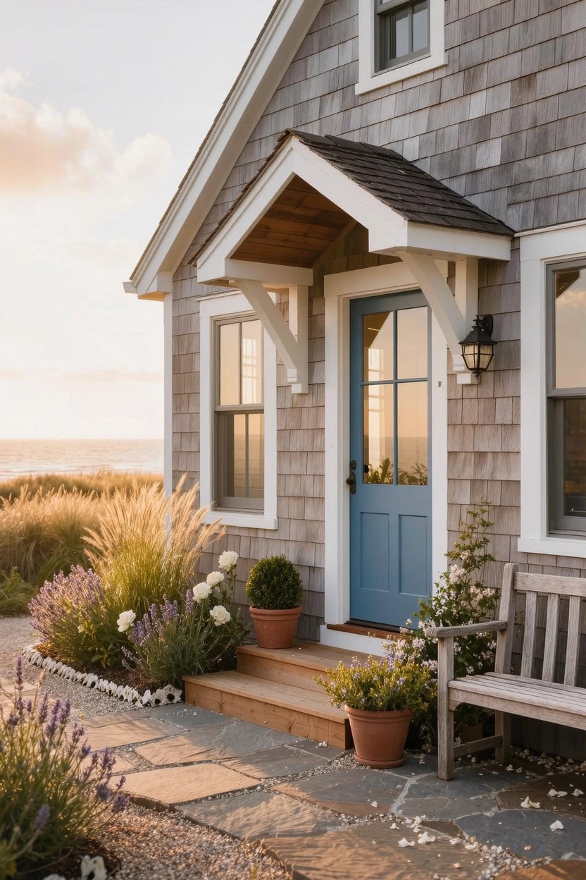 Shingled house exterior with blue front door on a covered porch, wooden bench, stone steps and pathway bordered by garden beds of tall grasses, lavender, white flowers, and potted plants, overlooking beach dunes.