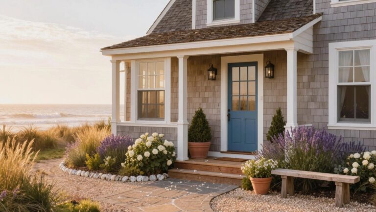 23 Elegant Garden Flower Bed Designs That Look Polished Shingled house exterior with blue front door on a covered porch, wooden bench, stone steps and pathway bordered by garden beds of tall grasses, lavender, white flowers, and potted plants, overlooking beach dunes.
