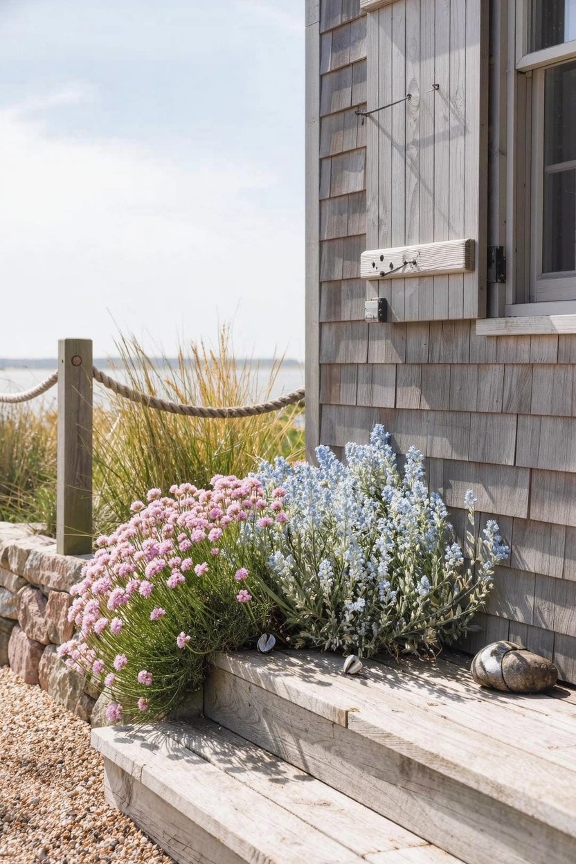 Gray shingled house corner with wooden steps leading to a door, low stone wall, gravel mulch, pink and blue flower clusters, ornamental grasses, and beach grass near water.