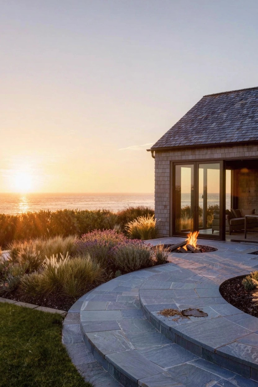 Modern shingled house exterior with large glass doors opening to a patio fire pit, curved stone steps bordered by grasses and flowers, overlooking ocean at sunset.