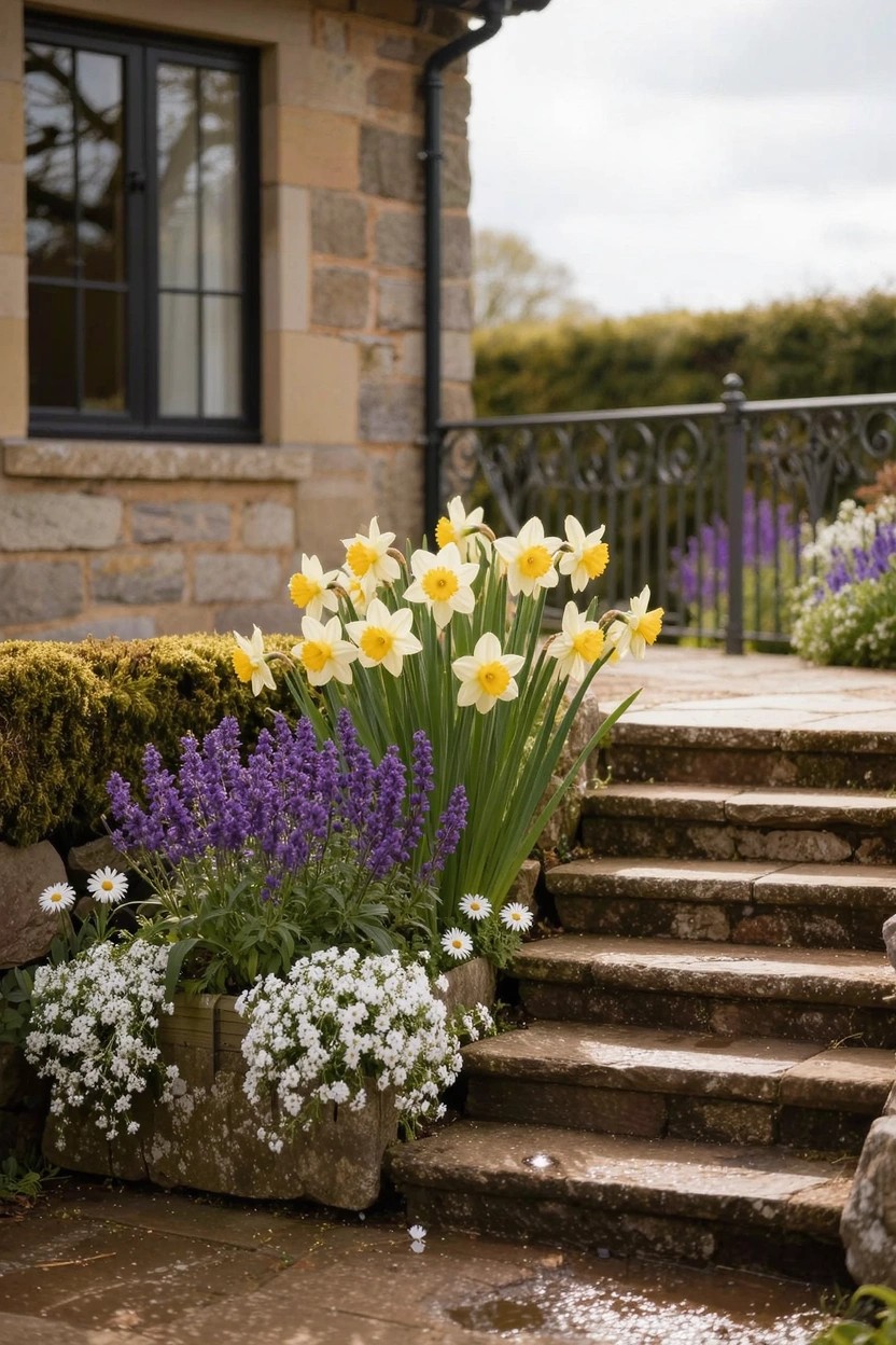 Wooden deck with wet surface next to a modern black house featuring open sliding glass doors, bordered by raised wooden planters and stone wall filled with colorful flowers including red geraniums, yellow nasturtiums, white daisies, and purple blooms, in a garden setting at dusk.