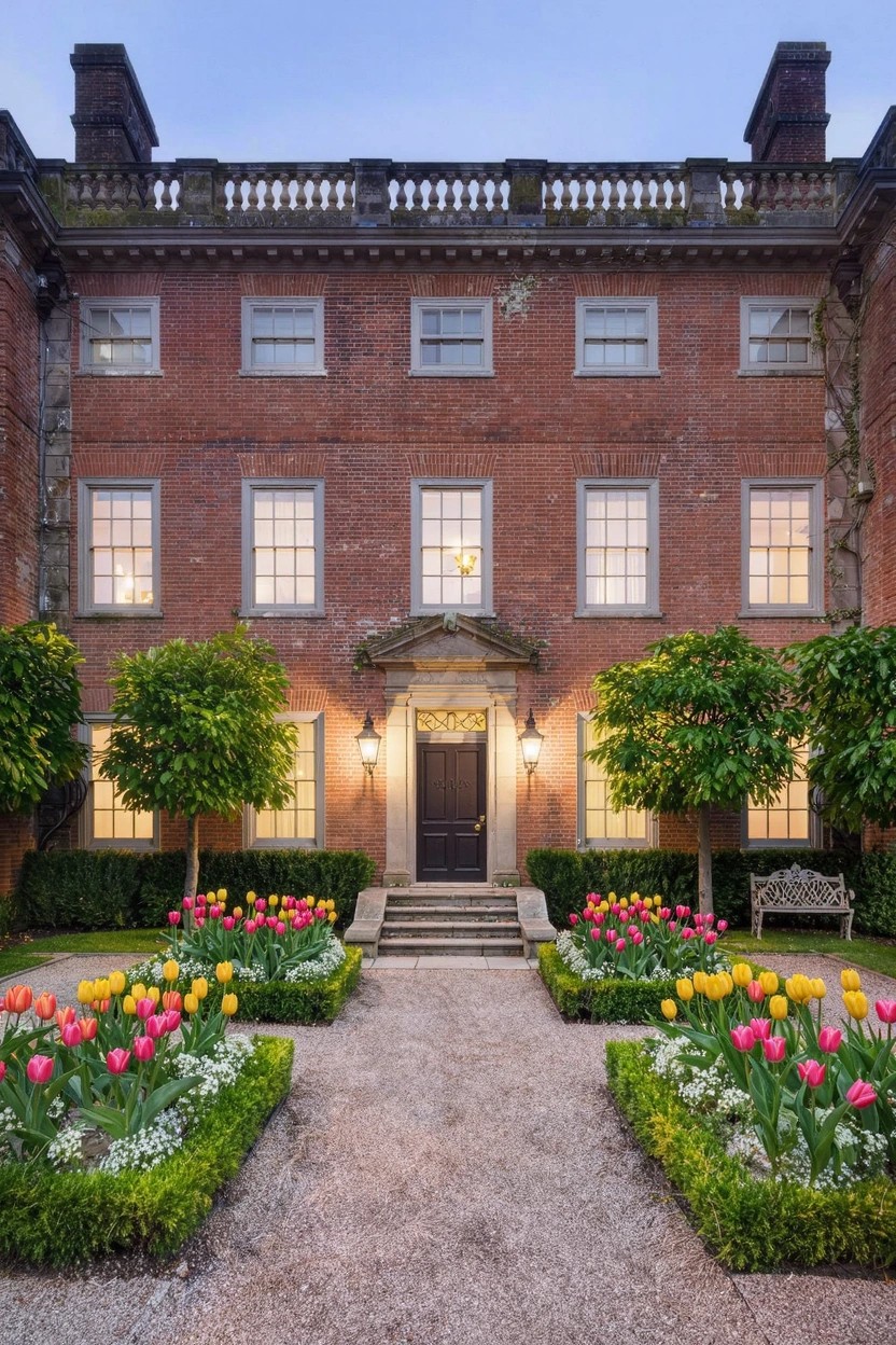 Red brick house with symmetrical windows and central front door, gravel path leading to steps flanked by boxwood-edged tulip flower beds, lit lanterns at dusk.